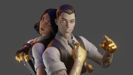 4K Ultra HD Fortnite wallpaper featuring two characters back-to-back with confident poses and glowing golden hands on a dark gray background.