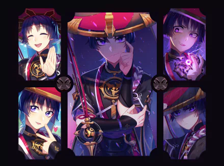 HD PC desktop wallpaper of Scaramouche (Genshin Impact) from the video game Genshin Impact: multiple purple-toned portraits and expressions arranged in panelled frames.