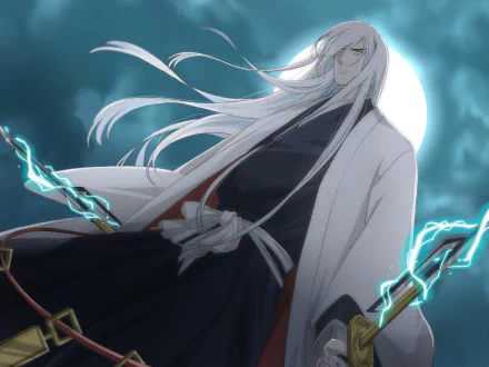 Jūshirō Ukitake from Bleach — anime HD PC desktop wallpaper/background: long white‑haired Soul Reaper captain beneath a full moon, blue lightning crackling along his zanpakutō.