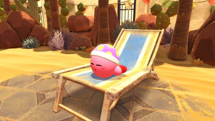 HD PC desktop wallpaper featuring Kirby from the video game Kirby and The Forgotten Land, relaxing on a lounge chair in a sunny desert environment.