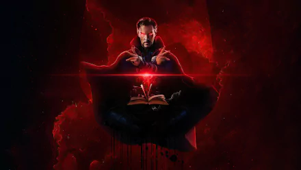 HD PC desktop wallpaper featuring Benedict Cumberbatch as Doctor Strange from the movie Doctor Strange in the Multiverse of Madness, surrounded by red mystical energy.