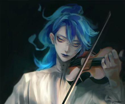 Idia Shroud from Twisted Wonderland (video game): blue‑haired, pale character with glowing eyes plays a violin in a dark, moody scene — HD PC desktop wallpaper/background.