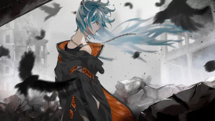 Idia Shroud (Twisted Wonderland) with teal hair and chained cloak amid swirling crows and ruined cityscape — stylized 2K Quad HD PC desktop wallpaper/background from the video game.