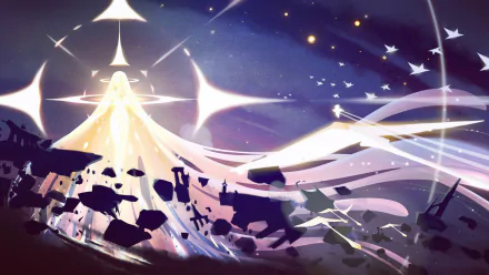Video game HD PC desktop wallpaper and background: Sky: Children of the Light — luminous robed figure with flowing ribbons and birds beneath a starry twilight sky and floating rocks.
