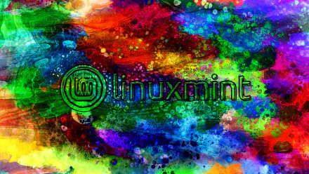 Colorful abstract paint-splatter with centered Linux Mint logo, technology-themed 2K Quad HD PC desktop wallpaper and background.