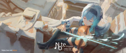 HD PC desktop wallpaper/background of Eula (Genshin Impact) from the video game Genshin Impact — blue-haired character with eyes closed, playing a glowing cello in a snowy, sunlit interior.