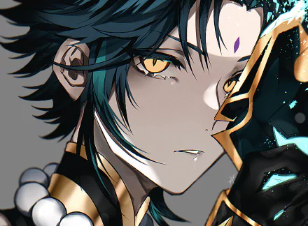 HD PC desktop wallpaper featuring Xiao, a character from the video game Genshin Impact, with intense golden eyes and detailed dark attire.