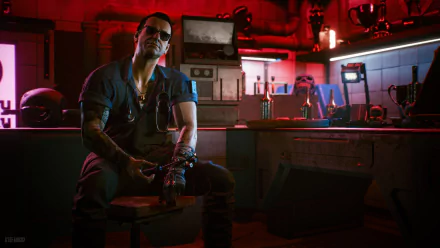 4K Ultra HD PC desktop wallpaper featuring Viktor Vektor in a cyberpunk-style setting from the video game Cyberpunk 2077, with moody red and blue lighting.