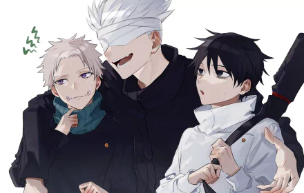 HD anime wallpaper featuring Yuta Okkotsu, Toge Inumaki, and Satoru Gojo from Jujutsu Kaisen 0, showcasing the three characters in a casual group pose.