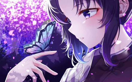 HD PC desktop wallpaper of Shinobu Kocho from Demon Slayer: Kimetsu no Yaiba, featuring her serene profile and a glowing butterfly against a vibrant purple floral background.