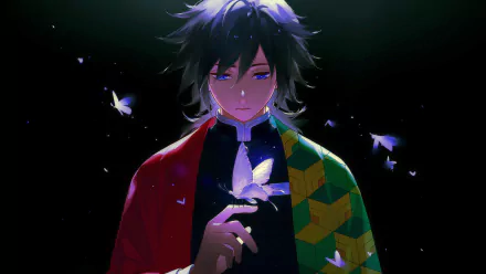 A captivating 4K Ultra HD wallpaper featuring Giyuu Tomioka from the anime Demon Slayer: Kimetsu no Yaiba, showcasing him surrounded by delicate butterflies.