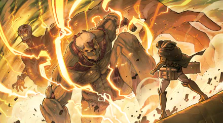 A dramatic scene from Attack on Titan, featuring a colossal Titan in battle, with vibrant colors and dynamic action, presented as a 4K Ultra HD PC desktop wallpaper.