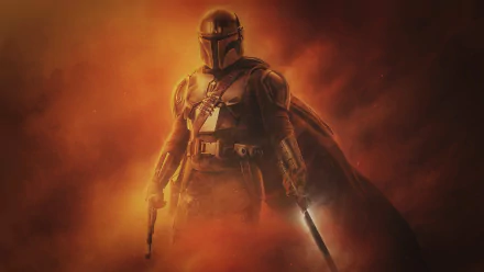 HD desktop wallpaper featuring The Mandalorian and Boba Fett from the Star Wars TV show, The Mandalorian, set against a fiery, smoky background.