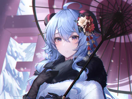 HD PC desktop wallpaper of Ganyu from Genshin Impact, featuring her with blue hair, traditional attire, and holding a parasol against a soft purple background.