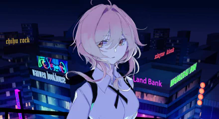 4K Ultra HD PC desktop wallpaper featuring Lumine from Genshin Impact standing against a vibrant cityscape with neon signs and a night sky.