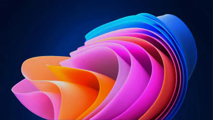 HD PC desktop wallpaper showcasing a vibrant, abstract design inspired by Windows 11 SE technology with smooth, colorful layered curves on a deep blue background.