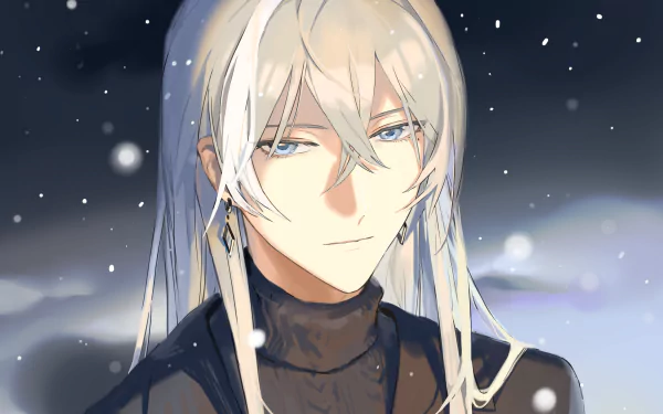Yuki (IDOLiSH7) — anime portrait: long white hair, pale blue eyes, dark turtleneck, snow drifting beneath a starry night. 5K Ultra HD PC desktop wallpaper/background.