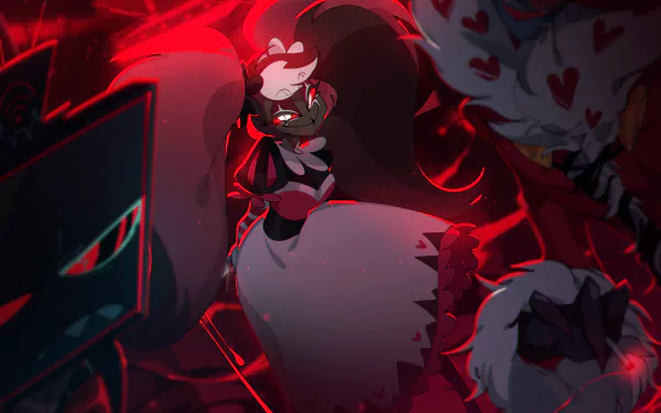 2K Quad HD PC wallpaper from the Hazbin Hotel TV show: Vox, Velvet and Valentino in red neon — Vox’s glitchy TV face, Velvet perched on a fluffy tail beside Valentino’s smirking form.