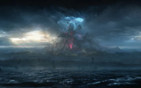 HD desktop wallpaper featuring a dramatic New World volcanic landscape with glowing magma and stormy ocean.