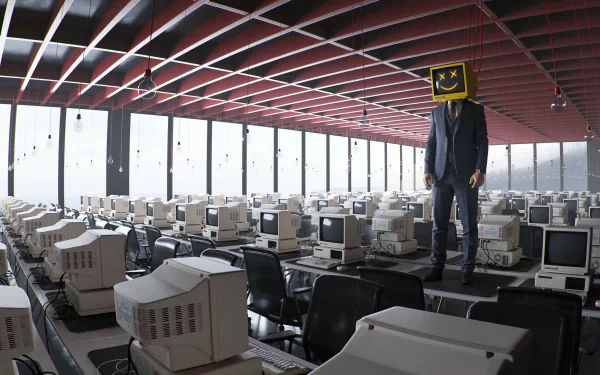 Person standing among rows of vintage computers in a room with red framework, with a smiley emoticon screen for a head, for a quirky HD desktop wallpaper and background.