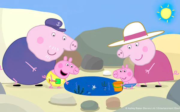 HD desktop wallpaper featuring Peppa Pig family having fun at the beach for a cheerful background.