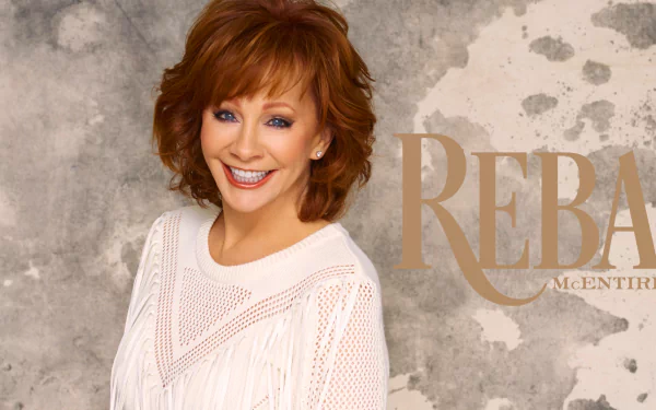Smiling woman with a stylish haircut posing for a HD desktop wallpaper with a vintage-inspired background and 'REBA' text overlay.