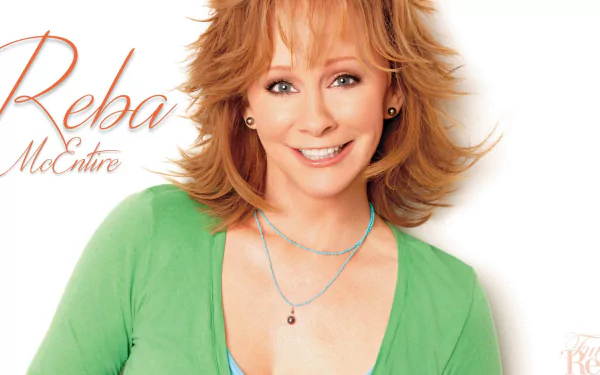 Smiling woman in green top posing for a HD desktop wallpaper with styled text overlay.