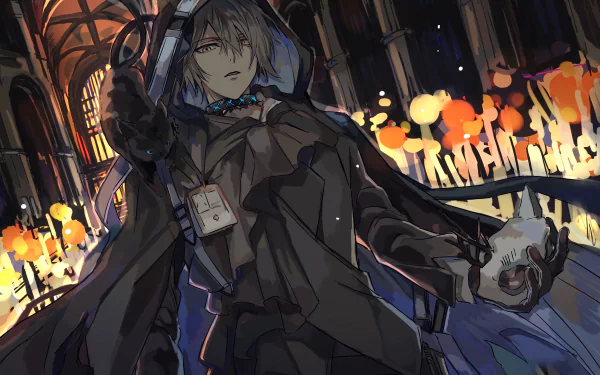 Phantom from Arknights in a hooded cloak holding a mask amid a glowing candlelit cathedral — stylized video game 4K Ultra HD PC desktop wallpaper/background.