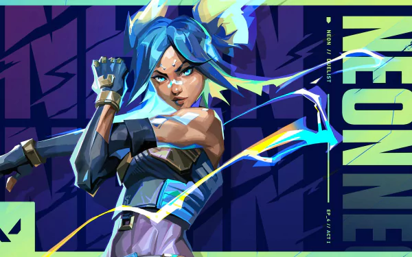 HD PC desktop wallpaper featuring Neon, a dynamic character from the video game Valorant, with vibrant blue and purple tones and electric effects.