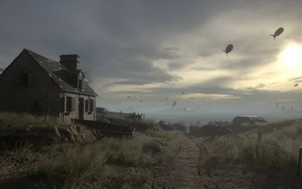 HD wallpaper featuring a scene from Hell Let Loose with a war-torn landscape, a military vehicle, and parachutes descending in the distance.