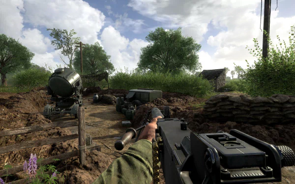 HD desktop wallpaper featuring a first-person view from the game Hell Let Loose, with a soldier's arms holding a weapon amidst a war-torn landscape.