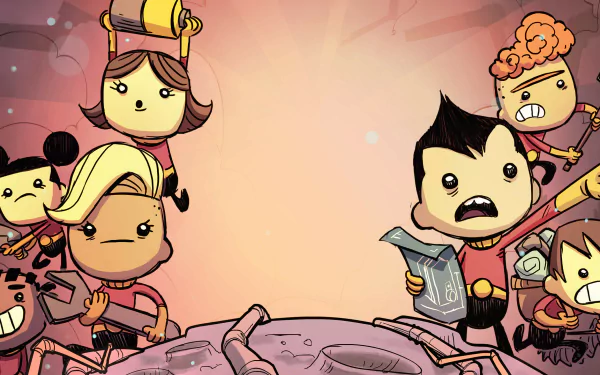 HD wallpaper featuring animated characters from the game Oxygen Not Included, depicted in a comic style against a moody backdrop.