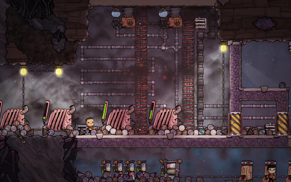 HD desktop wallpaper featuring a scene from the game Oxygen Not Included with base-building elements and a character exploring.
