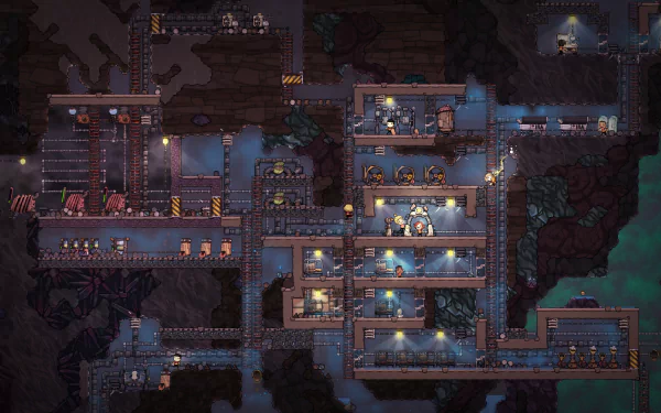 HD desktop wallpaper featuring a base from the game Oxygen Not Included with intricate colony layout and resource management.