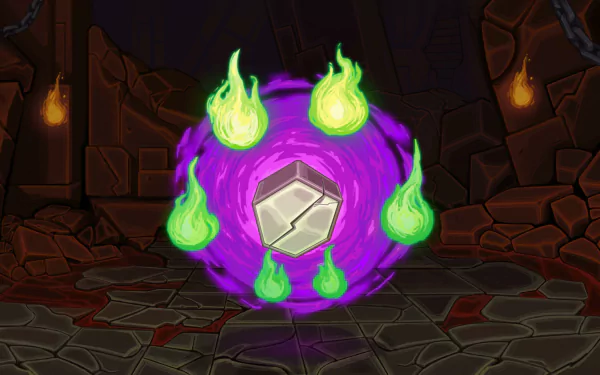 HD desktop wallpaper featuring a mystical portal with green flames from the game Slay the Spire, set against a dark dungeon background.