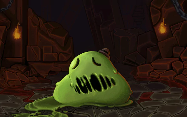 Slay the Spire HD wallpaper featuring Acid Slime enemy in a dungeon setting.