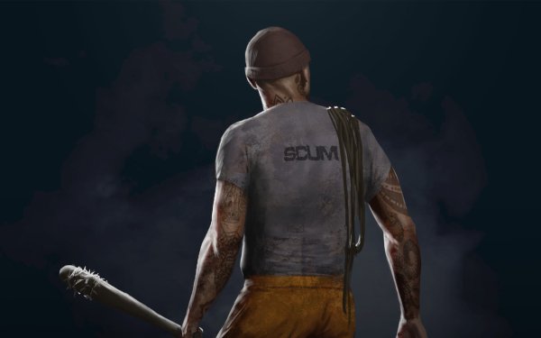 HD wallpaper featuring the back of a SCUM game character with tattoos, holding a bat, against a dark background.