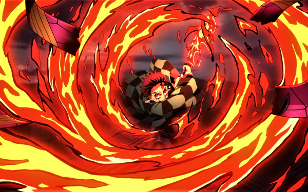 HD anime wallpaper featuring Tanjiro Kamado performing the Hinokami Kagura technique from Demon Slayer: Kimetsu no Yaiba, surrounded by swirling flames.