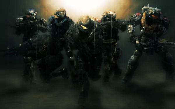 HD PC desktop wallpaper showcasing a dynamic scene from the video game Halo: Reach with armored Spartans advancing through smoky terrain.