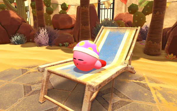 HD PC desktop wallpaper featuring Kirby from the video game Kirby and The Forgotten Land, relaxing on a lounge chair in a sunny desert environment.