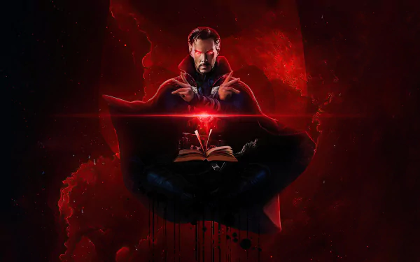 HD PC desktop wallpaper featuring Benedict Cumberbatch as Doctor Strange from the movie Doctor Strange in the Multiverse of Madness, surrounded by red mystical energy.