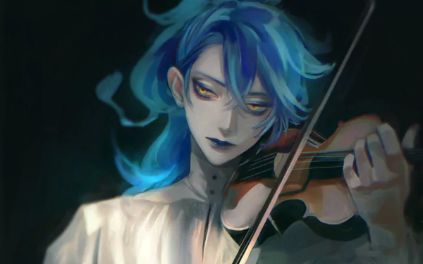Idia Shroud from Twisted Wonderland (video game): blue‑haired, pale character with glowing eyes plays a violin in a dark, moody scene — HD PC desktop wallpaper/background.