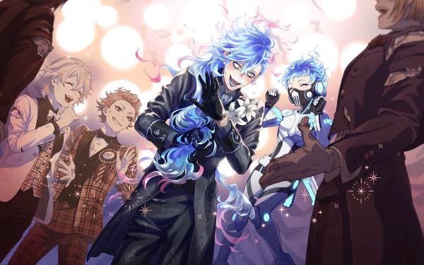 HD PC desktop wallpaper featuring Ortho Shroud, Idia Shroud, Epel Felmier, and Cater Diamond from the video game Twisted Wonderland in a vibrant, glowing scene.