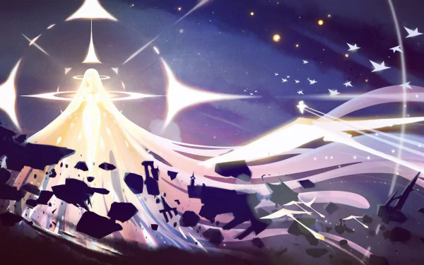 Video game HD PC desktop wallpaper and background: Sky: Children of the Light — luminous robed figure with flowing ribbons and birds beneath a starry twilight sky and floating rocks.