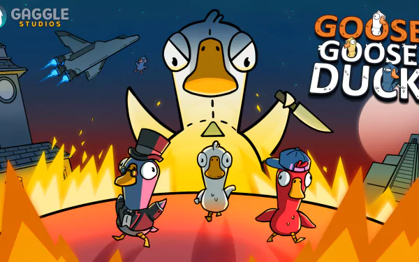 HD desktop wallpaper featuring characters from Goose Goose Duck game by Gaggle Studios, with a large duck in the center and smaller ducks wearing hats, against a fiery backdrop and spaceship.