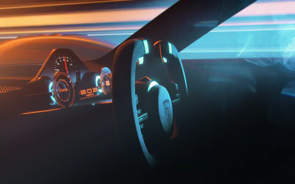 HD desktop wallpaper featuring the stylish interior view of a Porsche Vision 908 with illuminated dashboard and steering wheel against a dynamic neon-lit background.