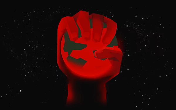 HD wallpaper featuring the iconic red clenched fist logo from Deep Rock Galactic game set against a starry space background for desktops.