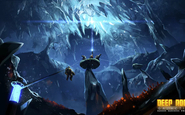 HD wallpaper featuring a Deep Rock Galactic game scene with dwarf miners exploring an icy underground cavern.