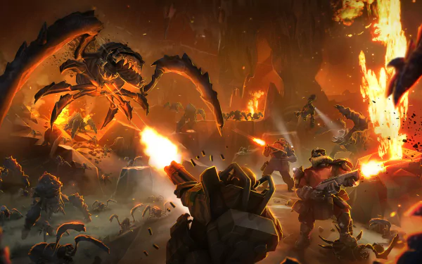 HD Deep Rock Galactic game wallpaper showing space dwarves and alien creatures in an action-packed subterranean battle scene for desktop background.