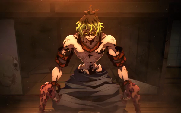 HD PC desktop wallpaper and background of Gyutaro from Demon Slayer: Kimetsu no Yaiba — anime scene showing him seated, menacing with bloodied arms and glowing eyes in a dim, dramatic setting.